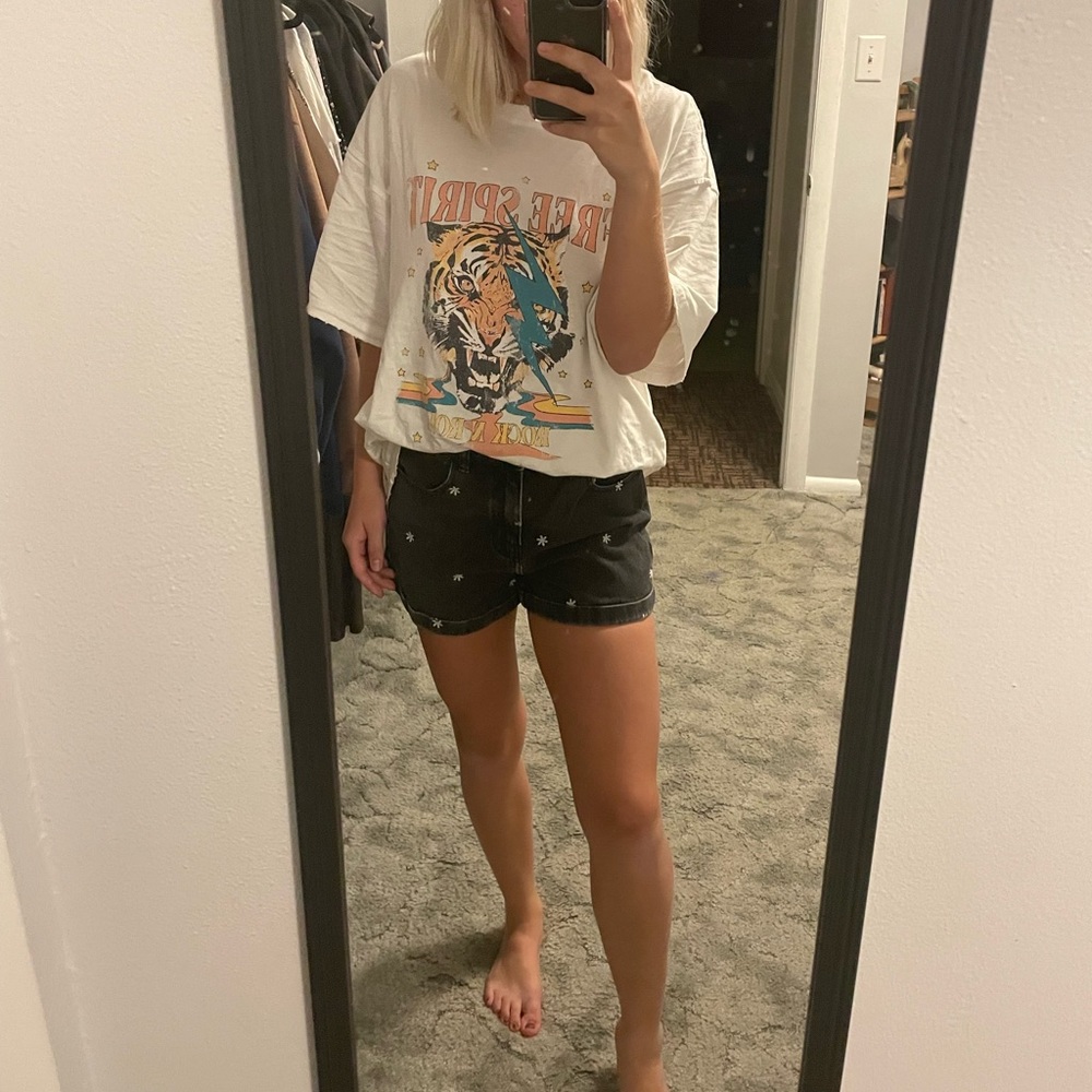 Black, small white flower embroidery, high rise, denim, jean shorts.